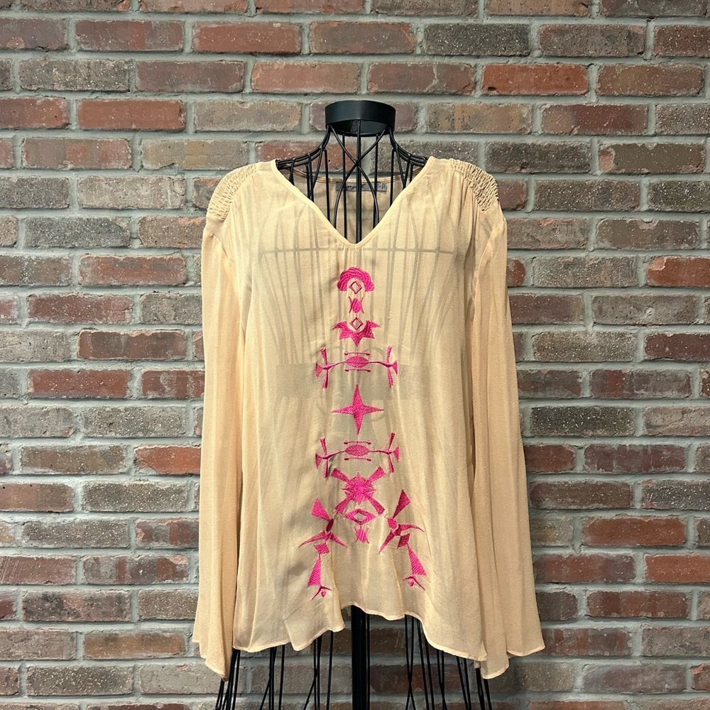 Aryn K 100% Silk Sheer Cream With Pink Embroidered Design, Size Large